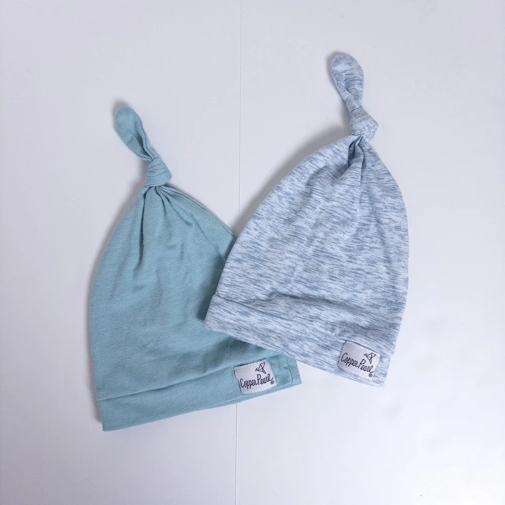 Copper Pearl Top Knot Hat Blue Heathered 2-Piece Set Newborn